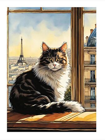 Kedi Ve Eyfel Kulesi Dekoratif Mdf Tablo 18cm X 27cm