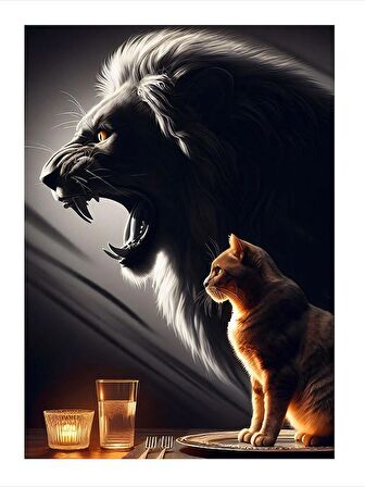Aslan Ve Kedi Modern Mdf Tablo 18cm X 27cm