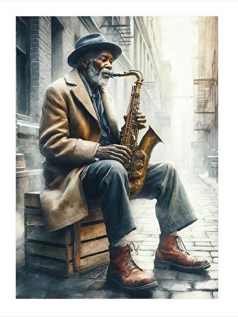 Saksafon Çalan Yaşlı Adam Modern Ahşap Tablo 18cm X 27cm