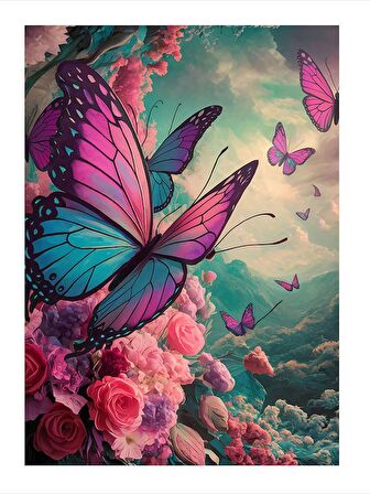Pembe Kelebekler Ve Çiçekler Model Mdf tablo 50cmX 70cm