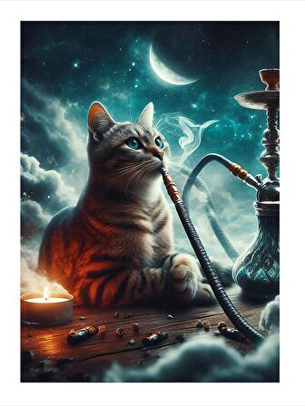 Nargile İçen Kedi Model Ahşap Tablo 25cmX 35cm