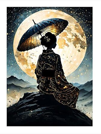 Dolunay Ve Şemsiyeli Japon Kadın Mdf Tablo 18cm X 27cm