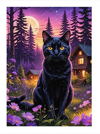 Siyah Kedi Ve Çiçekler Art Mdf Poster 50cmX 70cm