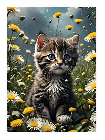 Yavru Kedi Ve Sarı Çiçekler Hediyelik Ahşap Tablo 35cm X50cm