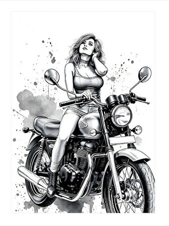 Retro Kadın Motorcu Model Ahşap Tablo