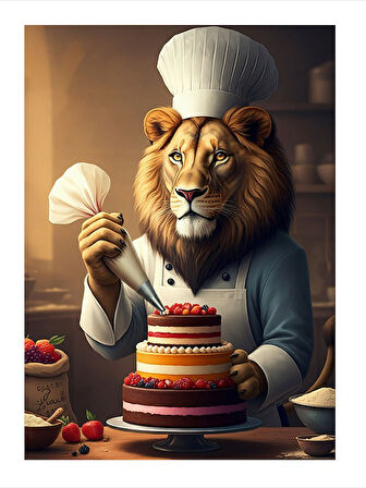 Pasta Yapan Aslan Şef Desenli Ahşap Tablo