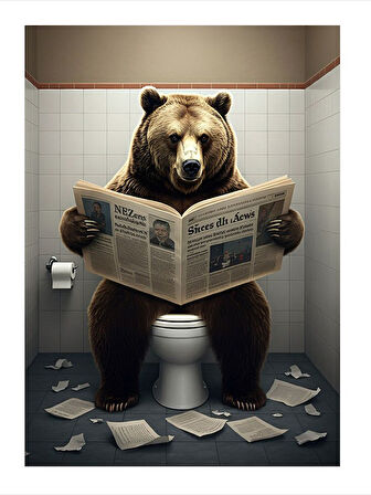 Tuvalette Gazete Okuyan Ayı Model Ahşap Tablo