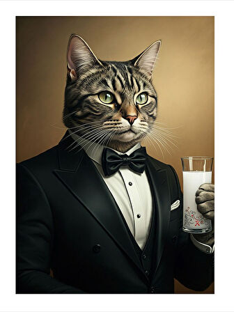 Smokinli Rakı İçen Kedi Art Mdf Tablo