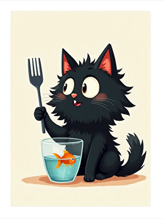 Çatal Tutan Kedi Desenli Mdf Tablo