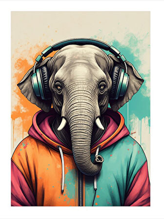 Kulaklık Takan Fil Model Ahşap Tablo