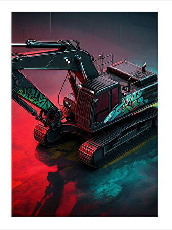 Kırmızı Ekskavatör Çizimi Desenli Ahşap Tablo