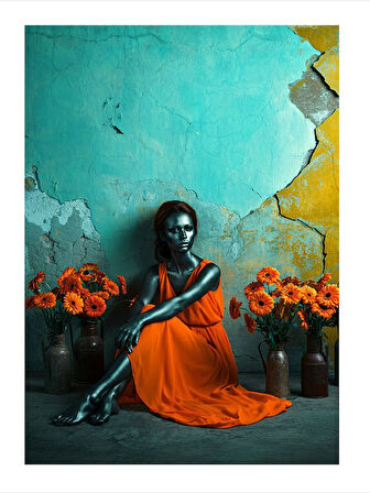 Turunculu Kadın Ve Çiçek Desenli Ahşap Tablo