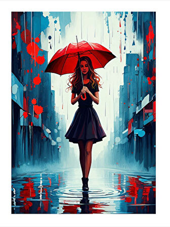 Kırmızı Şemsiyeli Kadın Mdf poster