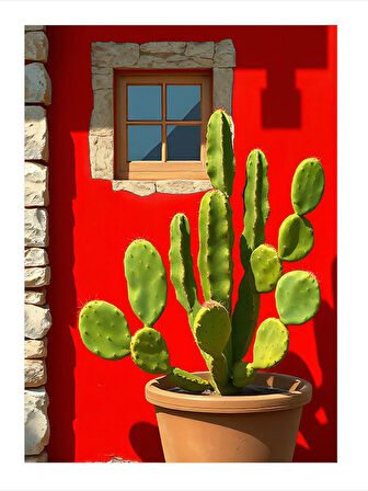 Kaktüs Ve Kırmızı Duvar Modern Mdf Tablo