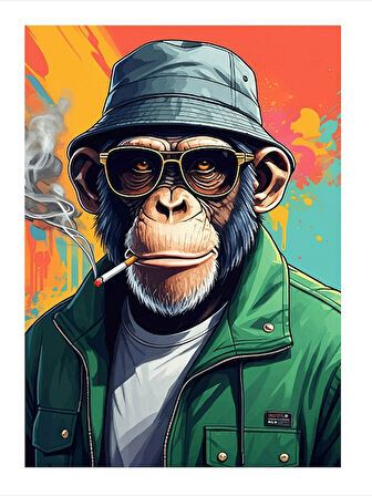 Sigara İçen Şapkalı Maymun Model Mdf tablo
