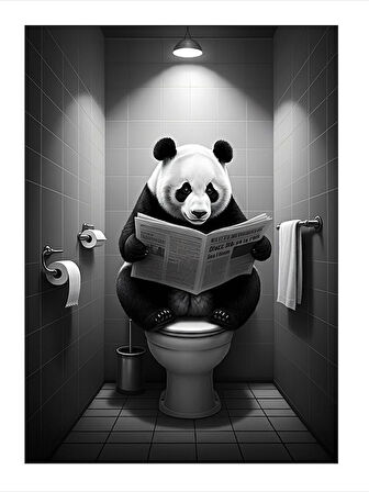 Gazete Okuyan Panda Desenli Ahşap Tablo