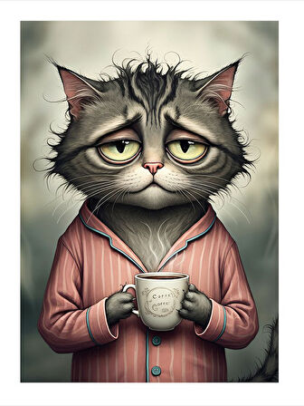 Çay İçen Kedi Portre Desenli Ahşap Tablo