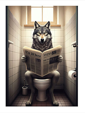Tuvalette Gazete Okuyan Kurt Model Ahşap Tablo