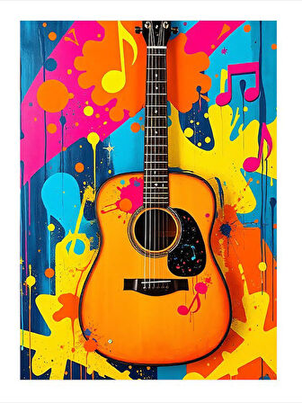 Renkli Gitar Tasarımı Dekoratif Mdf Tablo