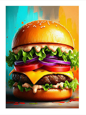 Lezzetli Hamburger Çizimi Tasarım Ahşap Tablo