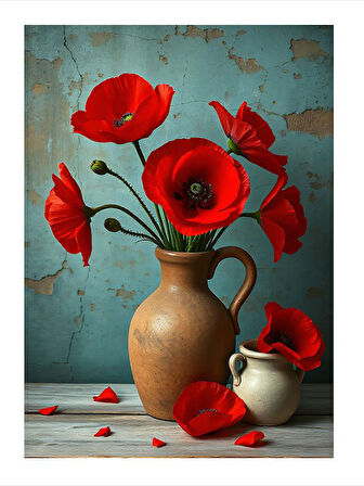 Vazoda Kırmızı Gelincik Modern Ahşap Tablo