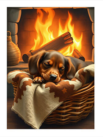 Şömine Önünde Yatan Köpek Dekoratif Mdf Tablo