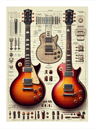 Elektro Gitar Çizimi Tasarım Ahşap Tablo