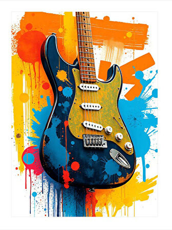 Mavi Elektro Gitar Desenli Ahşap Tablo