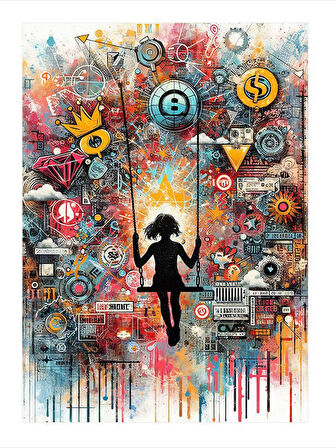 Grafiti Salıncakta Kız  Portresi Desenli Ahşap Tablo