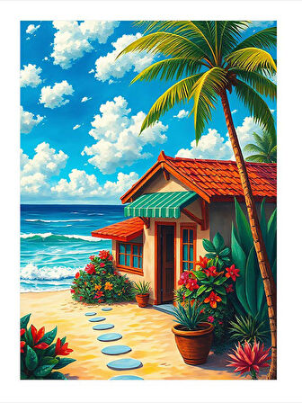 Tropik Sahil Evi Desenli Mdf Tablo