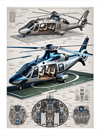Helikopter Teknik Çizimi Art Mdf Poster