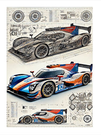 Yarış Arabası Teknik Çizimi Tasarım Ahşap Tablo