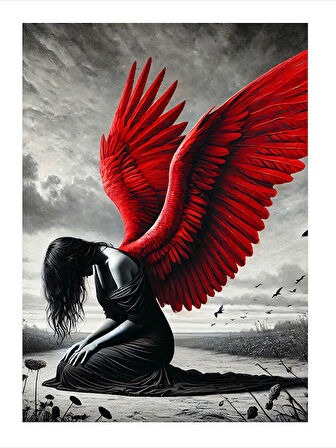 Kırmızı Kanatlı Melek Tasarım Ahşap Tablo