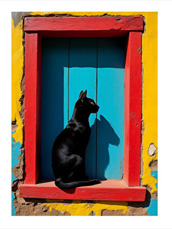 Pencerede Kara Kedi Dekoratif Mdf Tablo