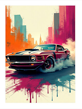 Renkli Mustang Araba Tasarım Mdf Tablo