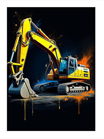 Sarı Ekskavatör Çizimi Tasarım Ahşap Tablo