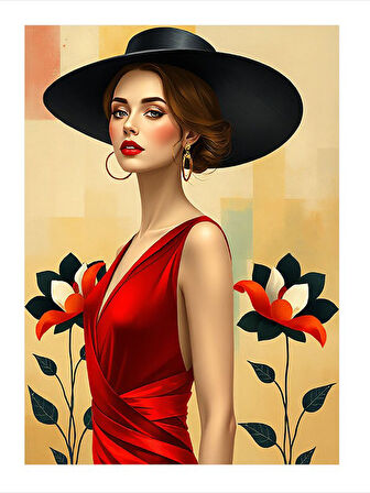 Kırmızı Şapkalı Kadın Desenli Mdf Tablo