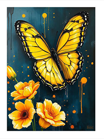 Sarı Kelebek Çizimi Model Ahşap Tablo