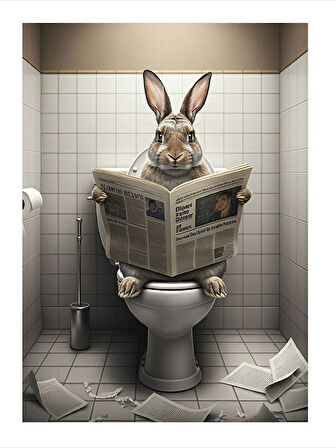 Tuvalette Gazete Okuyan Tavşan Hediyelik Ahşap Tablo