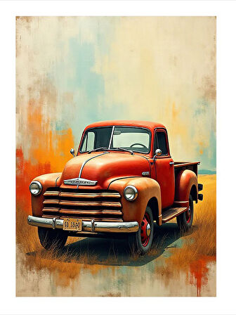 Kırmızı Retro Kamyon Desenli Mdf Tablo