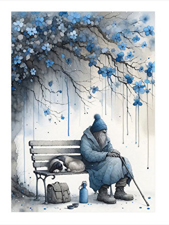 Bankta Oturan Adam Desenli Ahşap Tablo