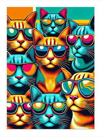 Gözlüklü Renkli Kediler Hediyelik Mdf Tablo