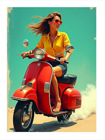 Kırmızı Vespa Sürüşü Modern Mdf Tablo