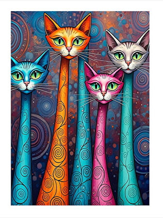 Renkli Uzun Boyunlu Kediler Dekoratif ahşap Tablo