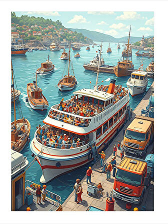 Kalabalık Marina Manzarası Tasarım Ahşap Tablo