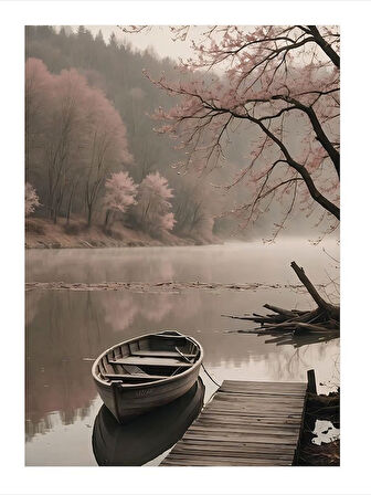 Sisli Göl Ve Küçük Kayık Tasarım Ahşap Tablo