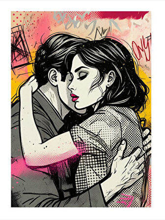 Çizgi Roman Sarılma Çifti Desenli Mdf Tablo