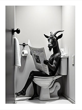 Tuvalette Gazete Okuyan Keçi Dekoratif ahşap Tablo