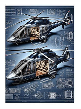 Çift Helikopter Teknik Çizimi Modern Mdf Tablo