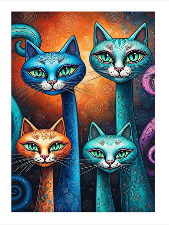 Uzun Boylu Renkli Kediler Modern Ahşap Tablo